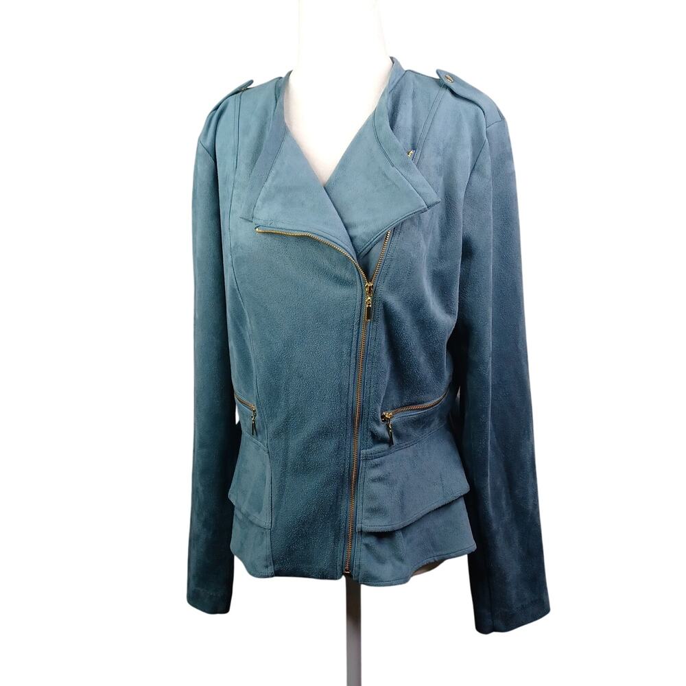 Gianni Bini Juliana‎ Moto Jacket Womens L Blue Faux Suede Peplum Full Zip